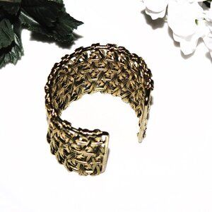 Woven Wire Cuff Bracelet Gold Tone Basket Weave Adjustable Boho Statement